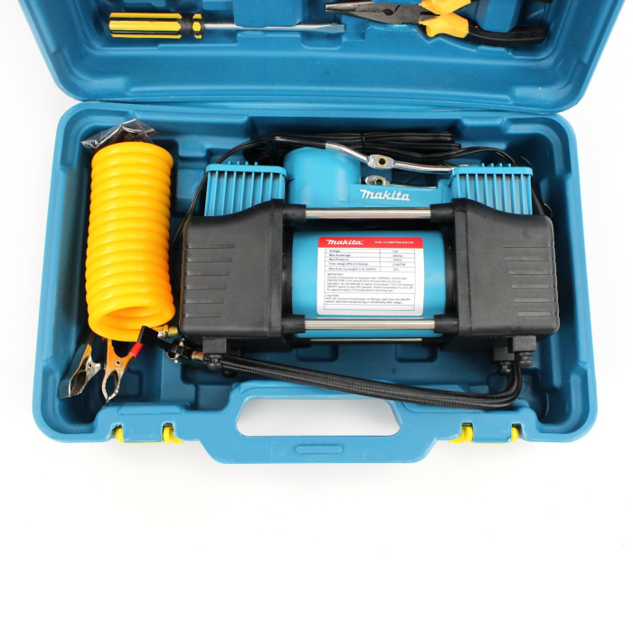 Повітряний двопоршневий автомобільний компресор Makita 72 л/хв 12V, 30A з набором інструментів