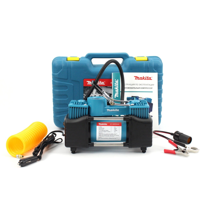 Повітряний двопоршневий автомобільний компресор Makita 72 л/хв 12V, 30A з набором інструментів