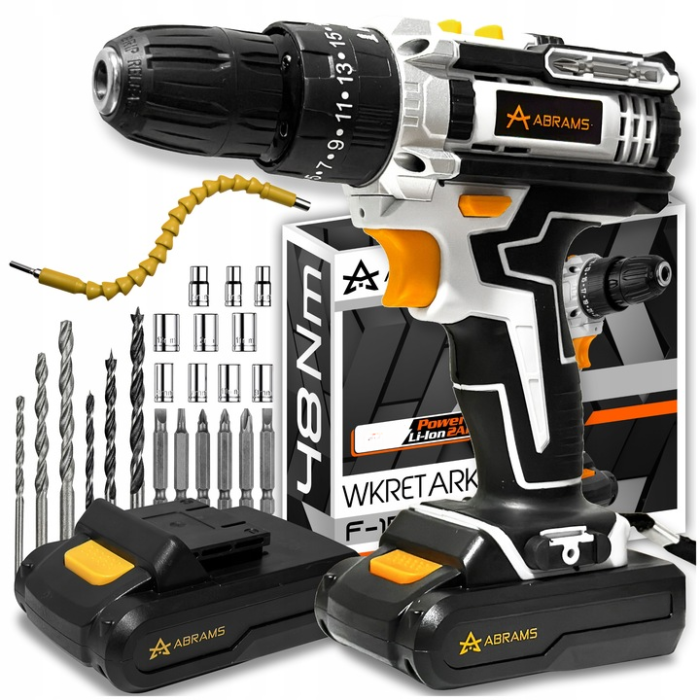 Акумуляторний шуруповерт ABRAMS разом з набором біт свердел та головок в пластиковому кейсі із 2 АКБ 24V/5Ah