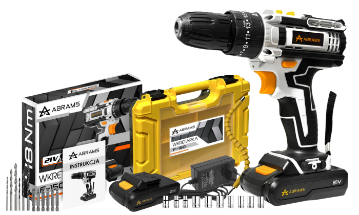 Акумуляторний шуруповерт ABRAMS разом з набором біт свердел та головок в пластиковому кейсі із 2 АКБ 24V/5Ah