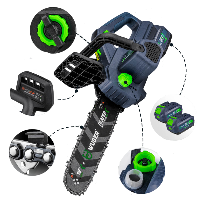 Акумуляторна ланцюгова пила WUBER з  шиною розмір 30 см для обрізки дерев та гілок в пластиковому кейсі із 2 АКБ 48V/5Ah