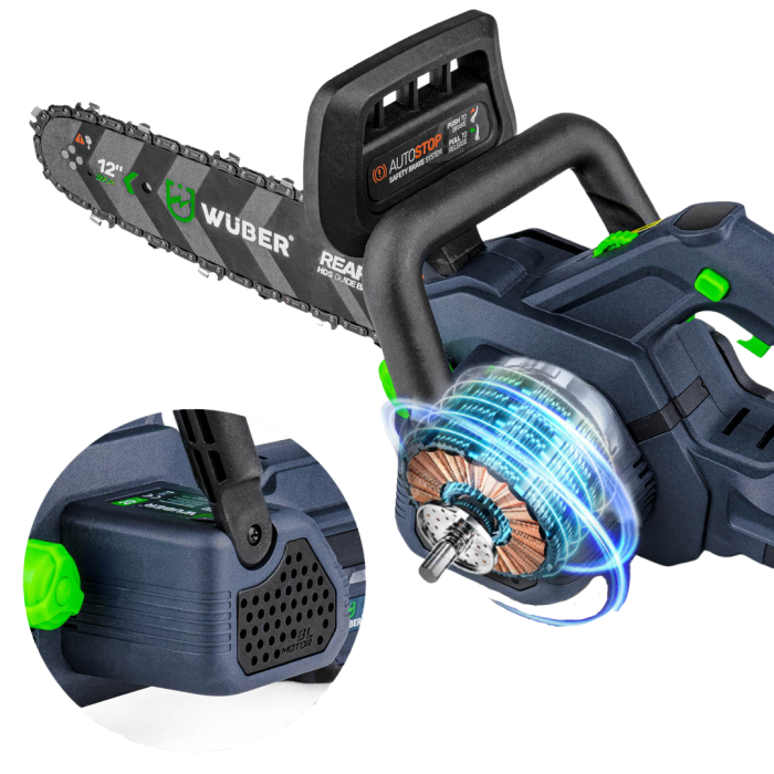 Акумуляторна ланцюгова пила WUBER з  шиною розмір 30 см для обрізки дерев та гілок в пластиковому кейсі із 2 АКБ 48V/5Ah