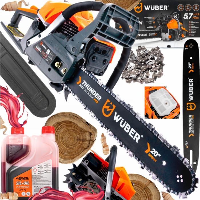 Ланцюгова бензинова Wuber пила із двотактним двигуном для обрізки дерев та гілок 4.5 к.с 1 ланцюг і 1 шина 40 см