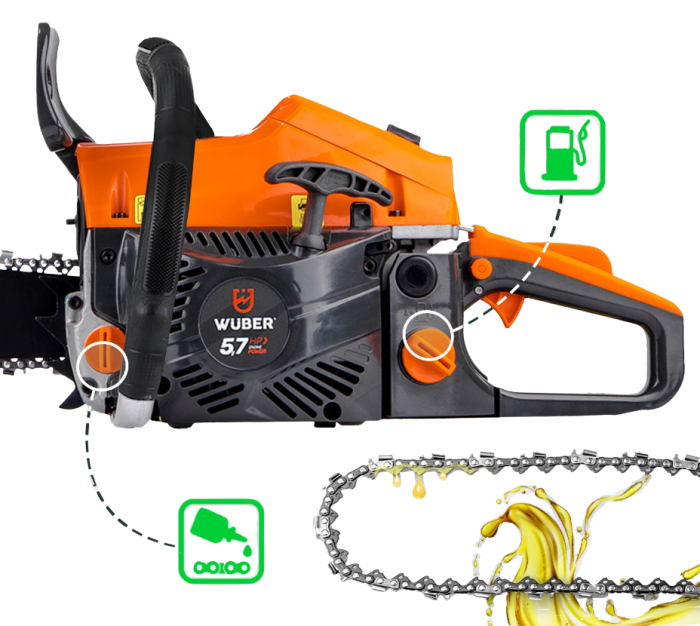 Ланцюгова бензинова Wuber пила із двотактним двигуном для обрізки дерев та гілок 4.5 к.с 1 ланцюг і 1 шина 40 см