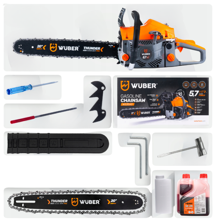Ланцюгова бензинова Wuber пила із двотактним двигуном для обрізки дерев та гілок 4.5 к.с 1 ланцюг і 1 шина 40 см