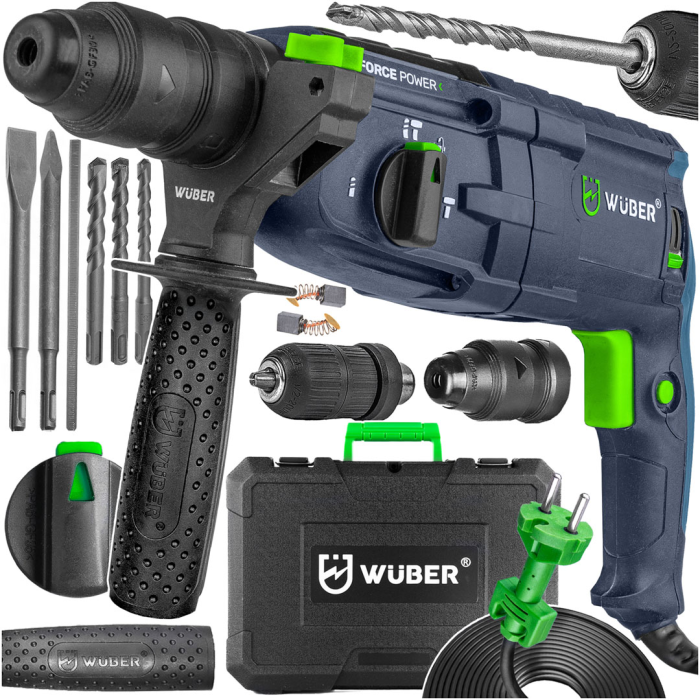 Перфоратор мережевий Wuber з патроном SDS-plus та три режими свердління в пластиковому кейсі із свердлами