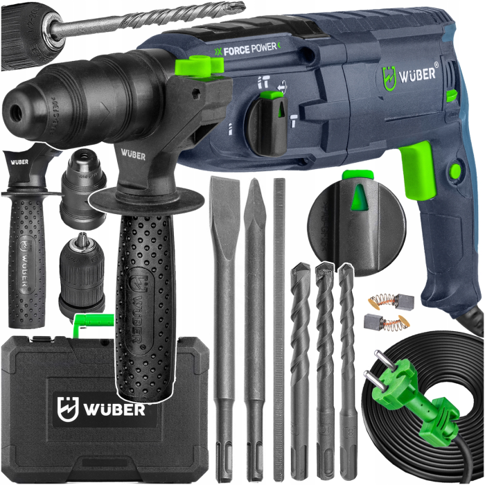 Перфоратор мережевий Wuber з патроном SDS-plus та три режими свердління в пластиковому кейсі із свердлами