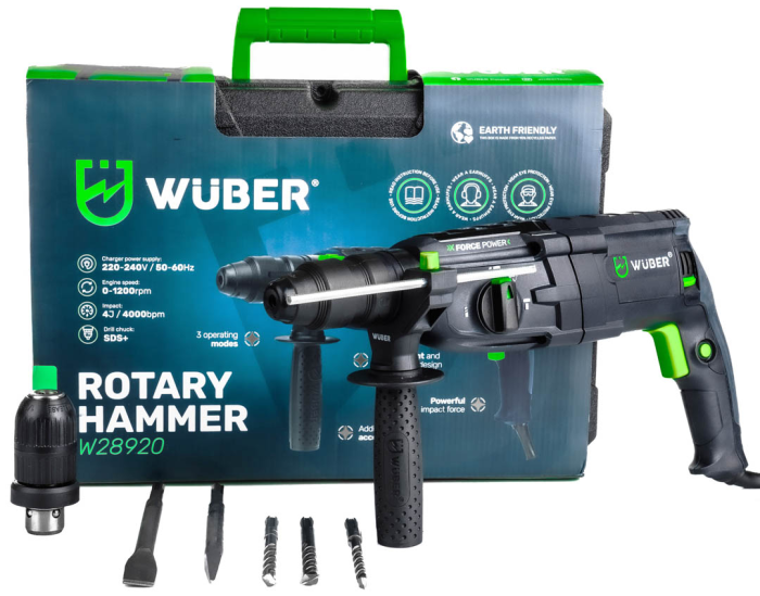 Перфоратор мережевий Wuber з патроном SDS-plus та три режими свердління в пластиковому кейсі із свердлами
