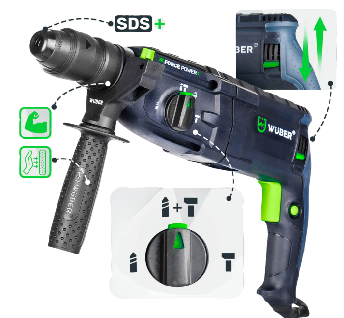 Перфоратор мережевий Wuber з патроном SDS-plus та три режими свердління в пластиковому кейсі із свердлами