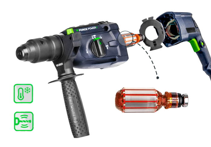Перфоратор мережевий Wuber з патроном SDS-plus та три режими свердління в пластиковому кейсі із свердлами