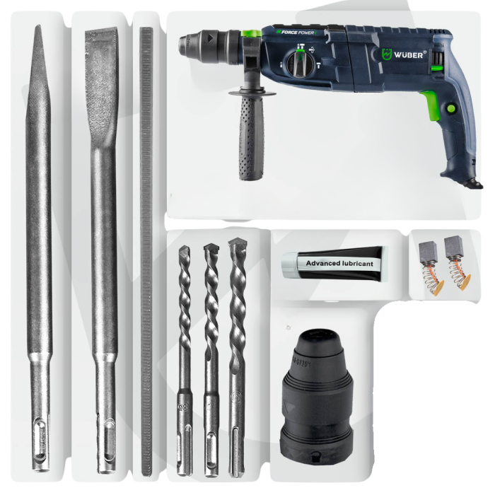 Перфоратор мережевий Wuber з патроном SDS-plus та три режими свердління в пластиковому кейсі із свердлами