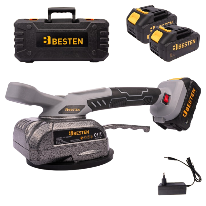 Акумуляторна віброприсоска для плитки BESTEN BE0002855 електрична  для укладання плитки із 2 АКБ 24V/5Ah в пластиковому кейсі